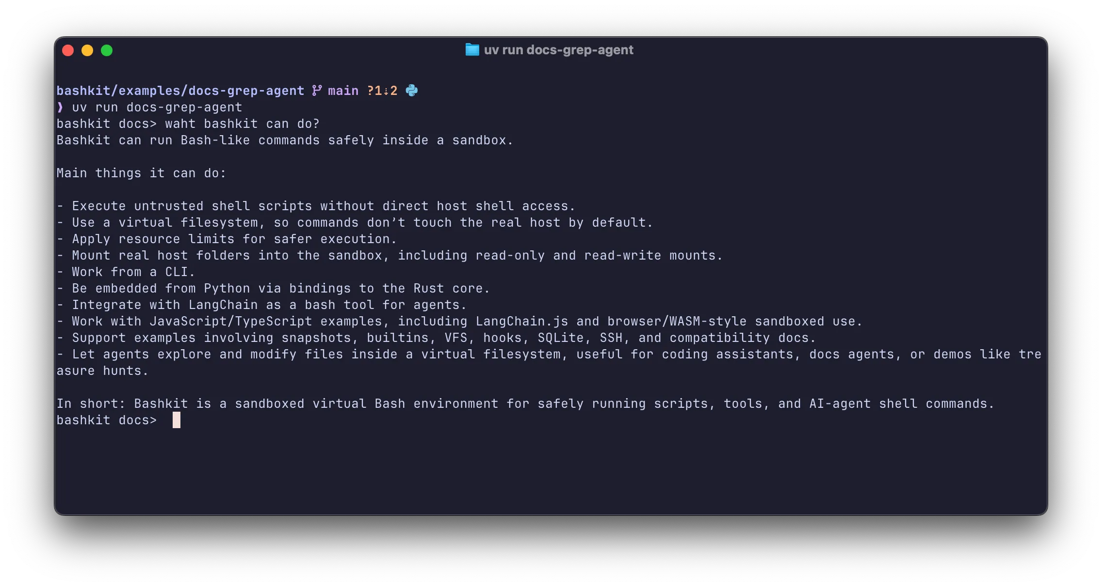 Bashkit docs search agent answering a question in terminal
